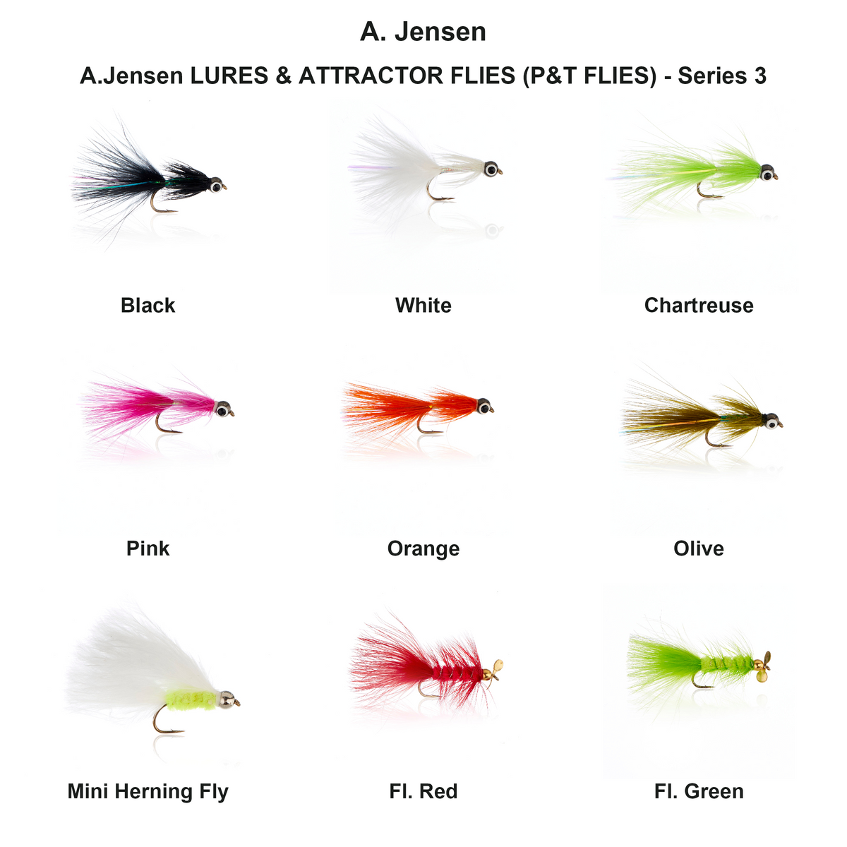 Farveoversigt – A.Jensen LURES & ATTRACTOR FLIES (P&T FLIES) - Series 3