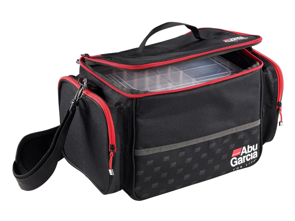 Abu Garcia Shoulder Bag in black and red with an open main compartment and visible tackle box.