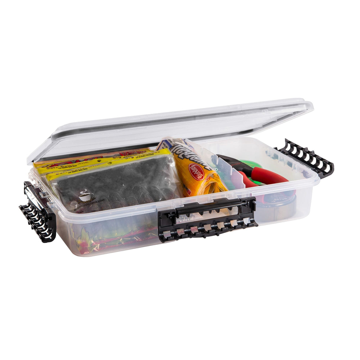 Plano Waterproof 3700™ Deep Bulk StowAway® with open lid and three black fasteners. The tackle shown is for illustrative purposes only and is not included.